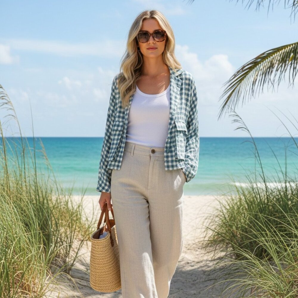 LUMIERE Blue Gingham Button Front Crop Shirt Jacket Lightweight Shacket Top